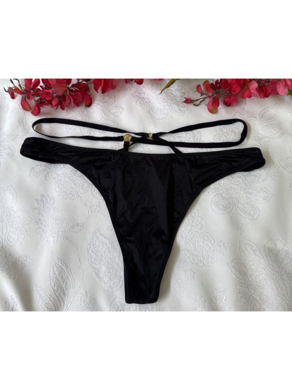 VICTORIA'S SECRET L BLACK VERY SEXY CUT OUT STRING THONG STRAPPY SILKY PANTIES